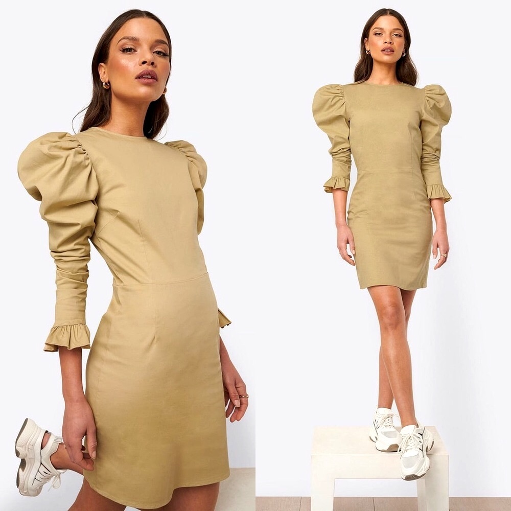 NWT NA-KD Long Puff Sleeve Beige Mini Dress | 6